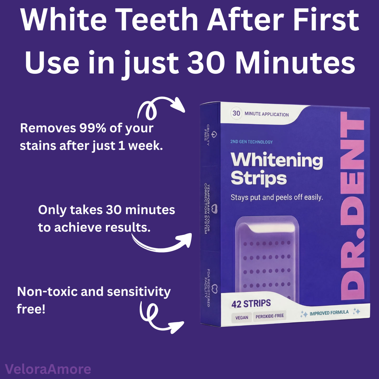 DR.DENT Purple Teeth Whitening Strips – Fast Brightening, Peroxide-Free Whitening