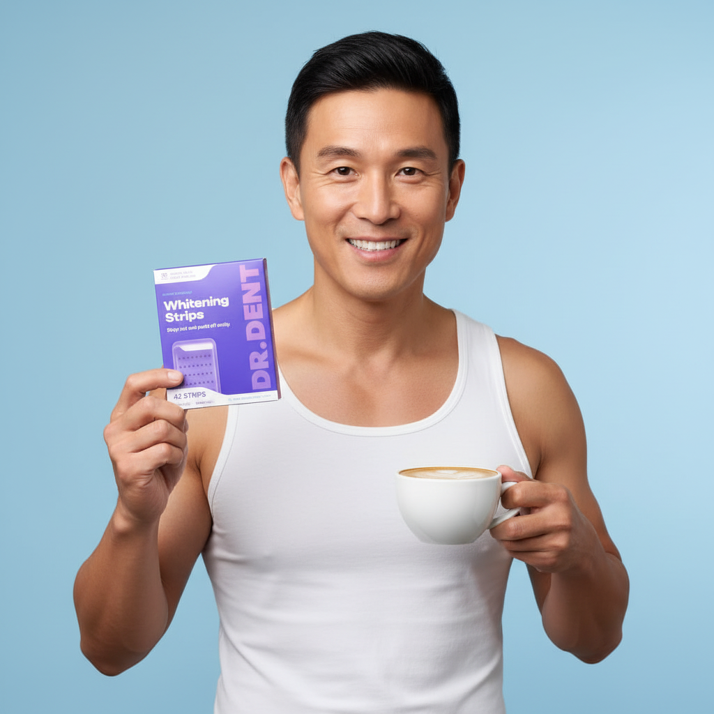 Asian man holding whitening strips and latte
