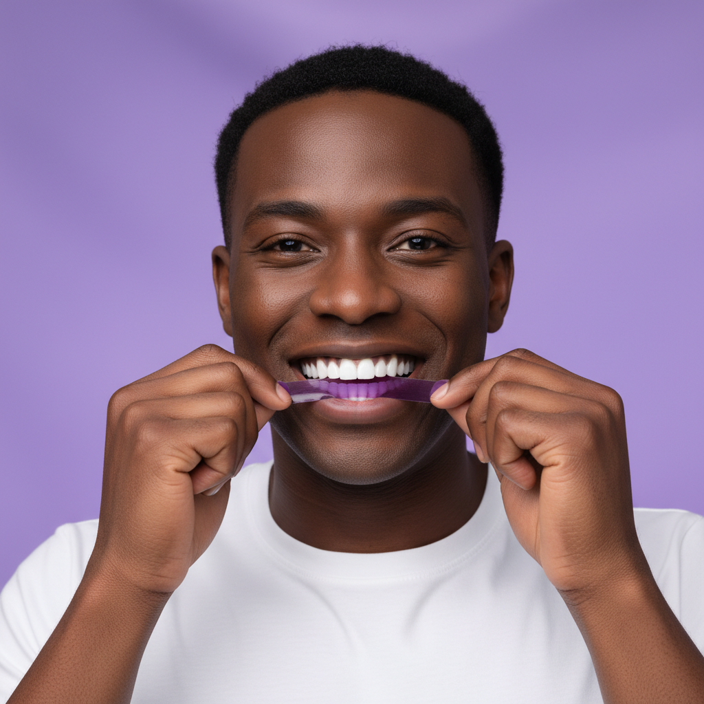 Black male model removing dark purple whitening strip
