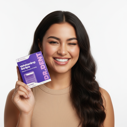 Pacific Island woman holding actual whitening strips product