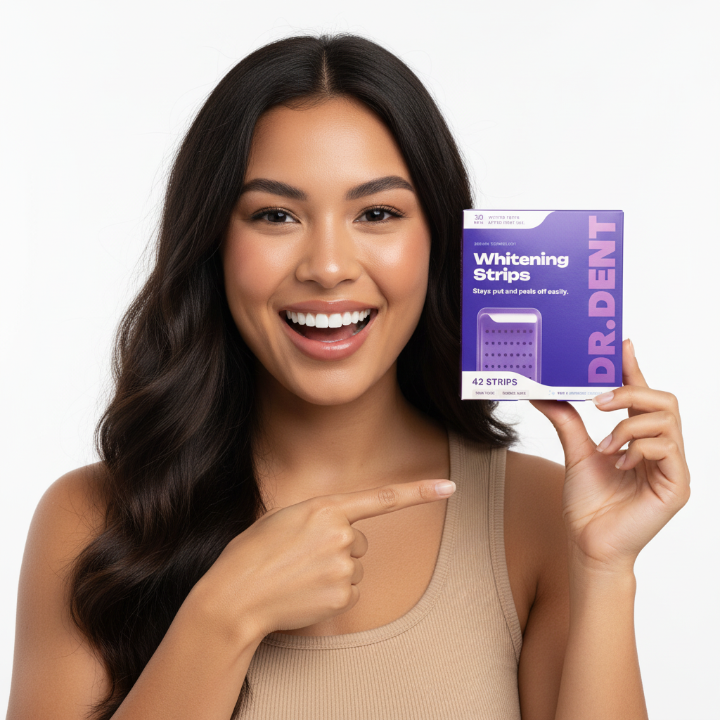 Pacific Island woman with both eyes open holding product