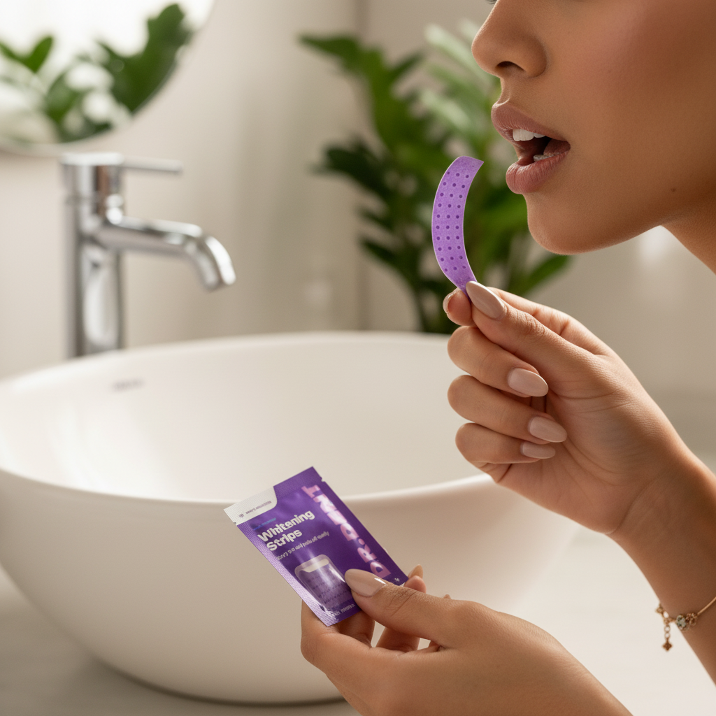 Polynesian woman holding purple whitening strip