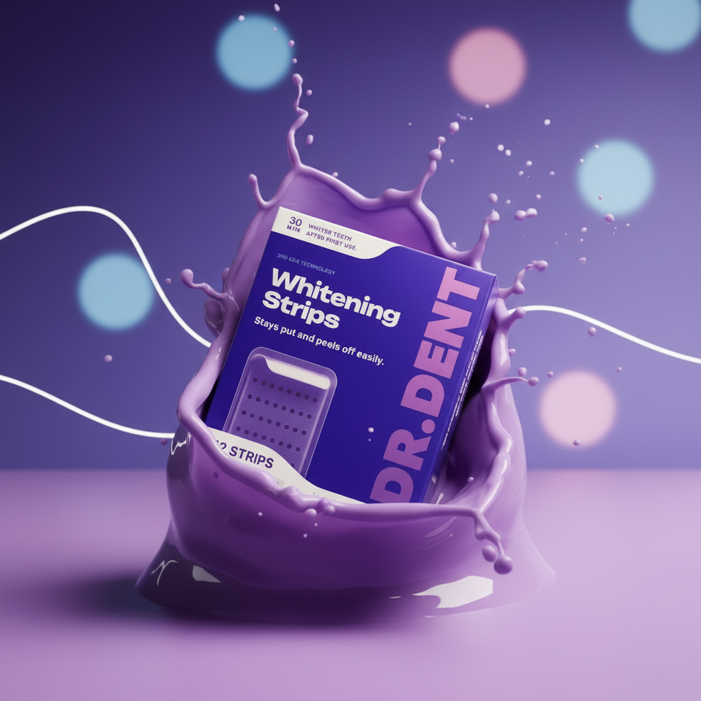 Purple teeth whitening strips at diagonal angle