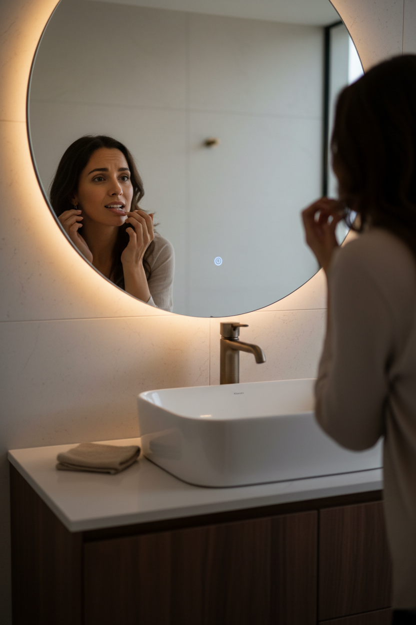 Woman examining smile in bathroom mirror