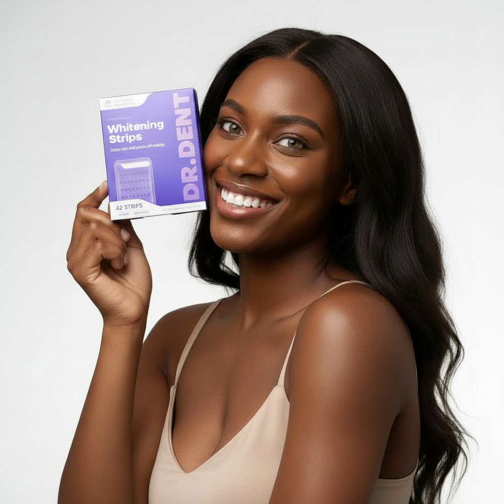 Woman with hazel eyes holding DR.DENT whitening strips